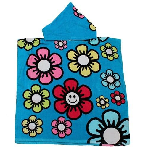 Kids Smile Hooded Poncho Towel  Blue Flower 100% Cotton