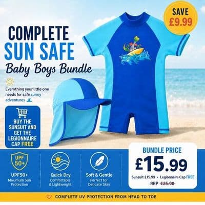 Kidz Swimmers Baby Boys UPF 50+ Sunsuit and Legionnaire Cap  Set 3-24m