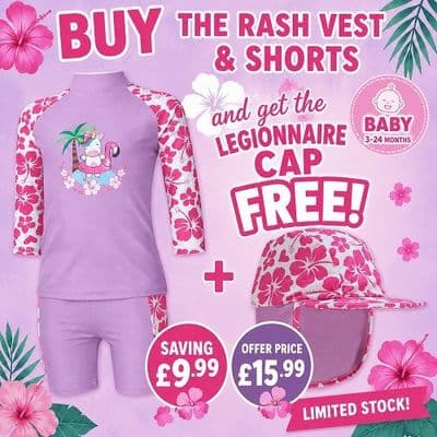 Kidz Swimmers Baby Girls UPF 50+ Rash Vest and Shorts and Legionnaire Cap Set 3-24m