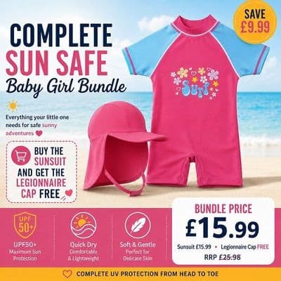 Kidz Swimmers Baby Girls UPF 50+ Sunsuit and Legionnaire Cap Set 3-24m
