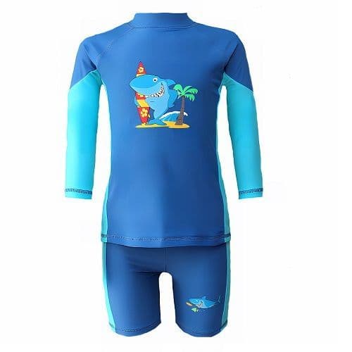 Kidz Swimmers Blue & Aqua Shark Rash Vest & Trunks Set | Toddler Boys UV Swimwear UPF 50+ | Ages 2-6