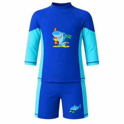 Kidz Swimmers Boys UPF 50+ Shark Rash Vest & Swim Trunks Set Blue Aqua 2-6yrs