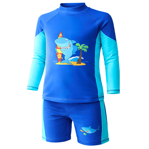 Kidz Swimmers Boys UPF 50+ Shark Rash Vest & Swim Trunks Set Blue Aqua 2-6yrs