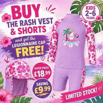 Kidz Swimmers Girls UPF 50+ Rash Vest and Shorts and Legionnaire Cap Set 2-6yrs