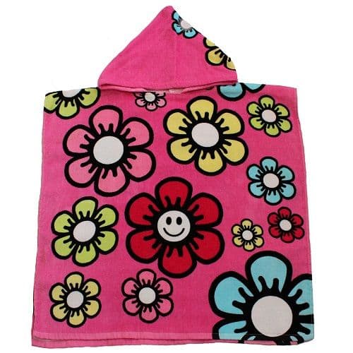 Poncho Buddy Smile Hooded Poncho Towel – Pink Flower Design, 100% Cotton, UPF 50+ Sun Protection – K