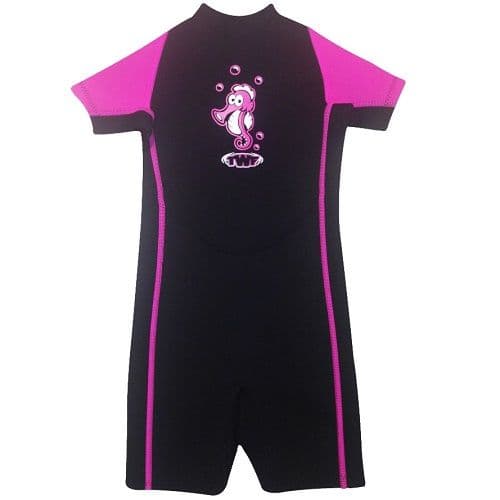 TWF Kids Shortie Wetsuit Seahorse Design | UV Protection | Back Zip | Flatlock Stitch for Comfort