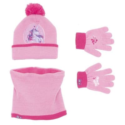 Unicorns Follow Your Dreams Girls Winter Bobble Hat, Gloves and Snood set 12-36 months