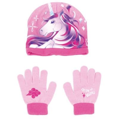 Unicorns Follow Your Dreams Toddler Girls Winter Hat and Gloves set 12-36 months