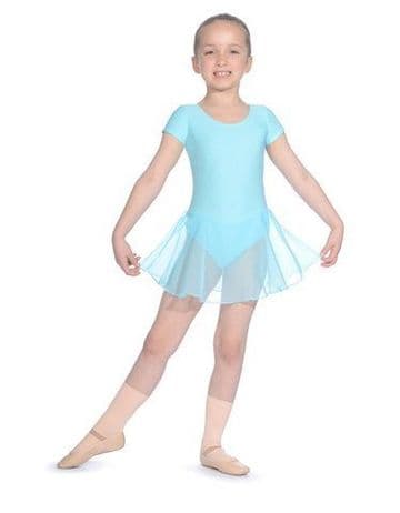 Roch Valley Short Sleeve Leotard With Attached Skirt Matt Nylon/Lycra. Aqua Blue- UP TO GRADE 1