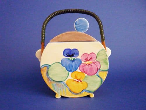 (Sold) Beautiful Clarice Cliff Bizarre 'Delecia Pansies' Bon Jour Biscuit Barrel c1933