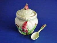 (Sold) Carlton Ware Green 'Foxglove' Preserve Pot and Spoon - Boxed Set c1939