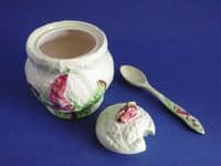 (Sold) Carlton Ware Green 'Foxglove' Preserve Pot and Spoon - Boxed Set c1939