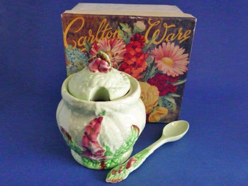 (Sold) Carlton Ware Green 'Foxglove' Preserve Pot and Spoon - Boxed Set c1939