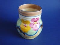 (Sold) Clarice Cliff Bizarre 'Delecia Pansies' 565 Shape Ribbed Vase c1934