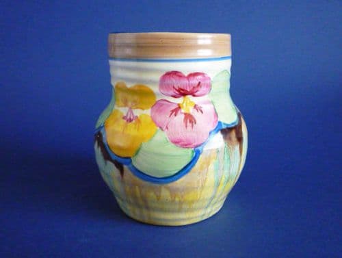 (Sold) Clarice Cliff Bizarre 'Delecia Pansies' 565 Shape Ribbed Vase c1934