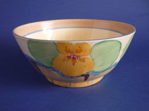 (Sold) Clarice Cliff Bizarre 'Delecia Pansies' Havre Bowl c1934