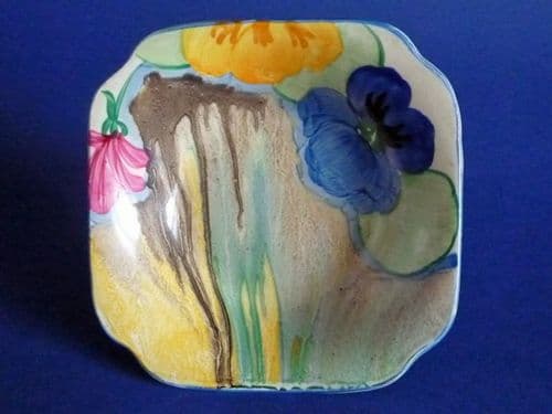 (Sold) Clarice Cliff Bizarre 'Delecia Pansies' Square Leda Dish c1932