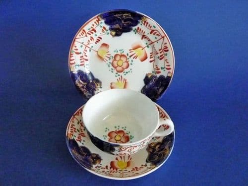 (Sold) Early Gaudy Welsh 'Swansea Cottage - Tulip Pattern' Bone China Trio c1840