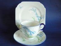 (Sold) Fine Shelley Empire Shape 'Bluebells & Butterfly' Tea Cup & Saucer Trio c1930