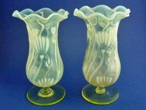 (Sold) Rare Pair of Richardson's Art Nouveau 'Daisy' Vaseline Glass Vases c1900