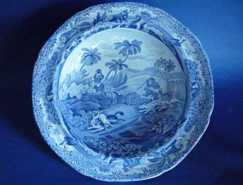 (Sold) Rare Spode Indian Sporting Series 'Chase After a Wolf' Soup Plate c1810