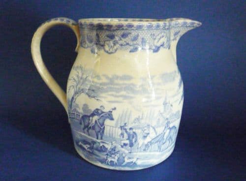 (Sold) Staffordshire Pottery Blue & White 'Hunting Scene' Pitcher c1830
