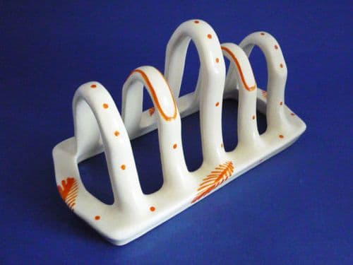 (Sold) Susie Cooper Crown Works Pottery 'Orange Fern Leaf and Spots' Toast Rack c1936