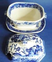 Antique Staffordshire 'Willow' Pattern Sauce Tureen & Stand c1850