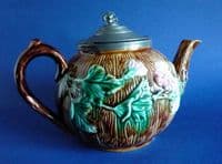 Antique Victorian Floral Majolica Teapot with Pewter Lid c1880