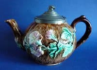 Antique Victorian Floral Majolica Teapot with Pewter Lid c1880