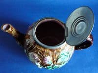 Antique Victorian Floral Majolica Teapot with Pewter Lid c1880