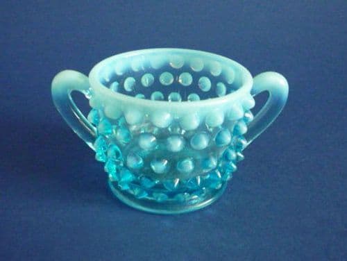 Blue Opalescent 'Hobnail' Glass Sugar Bowl c1900