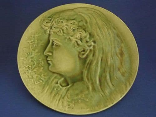 Burmantofts Faience Green Wall Plaque 'Girl's Head in Profile' by Pierre Mallet c1895