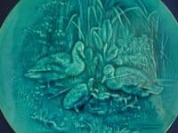 Burmantofts Faience Turquoise Wall Plaque 'The Tortoise and the Geese' by Pierre Mallet c1885