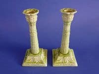 Burmantofts Pottery Green Glazed 'Grotesque Mask' Candlesticks c1895 (Sold)
