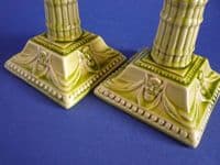 Burmantofts Pottery Green Glazed 'Grotesque Mask' Candlesticks c1895 (Sold)