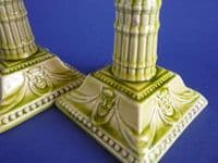 Burmantofts Pottery Green Glazed 'Grotesque Mask' Candlesticks c1895 (Sold)