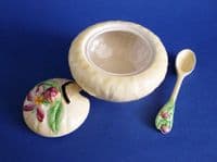 Carlton Ware Yellow 'Apple Blossom' Jam Pot and Spoon c1939
