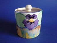 Clarice Cliff Bizarre 'Delecia Pansies' Drum Preserve Pot c1933 (Sold)