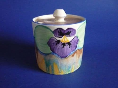 Clarice Cliff Bizarre 'Delecia Pansies' Drum Preserve Pot c1933 (Sold)