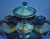 Davidson's Blue Cloud Glass Dressing Table Trinket Set c1930 (Sold)