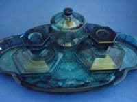 Davidson's Blue Cloud Glass Dressing Table Trinket Set c1930 (Sold)
