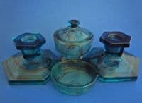 Davidson's Blue Cloud Glass Dressing Table Trinket Set c1930 (Sold)