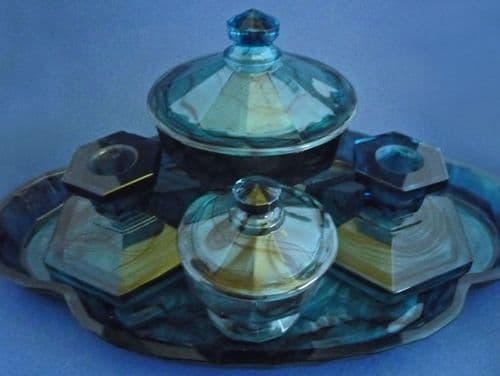 Davidson's Blue Cloud Glass Dressing Table Trinket Set c1930 (Sold)