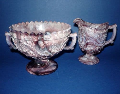 Davidson's Purple Malachite Slag Glass 'Shell and Coral' Jug & Bowl c1880