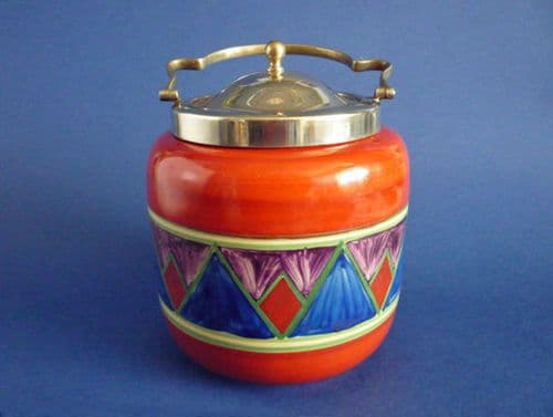 Early Clarice Cliff Original Bizarre Geometric Biscuit Barrel c1928 (Sold)
