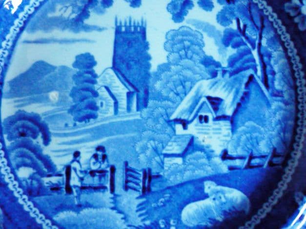 Early Pearlware Village Church Pattern Muffin or Side Plate c1820
