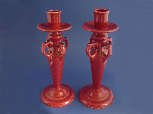 Early Wemyss Ware Arts and Crafts 'Tall Kintore' Crimson Glazed Candlesticks c1890