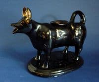 Excellent Victorian Jackfield Pottery Black and Gilt Cow Creamer with Lid c1875