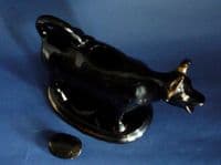 Excellent Victorian Jackfield Pottery Black and Gilt Cow Creamer with Lid c1875
